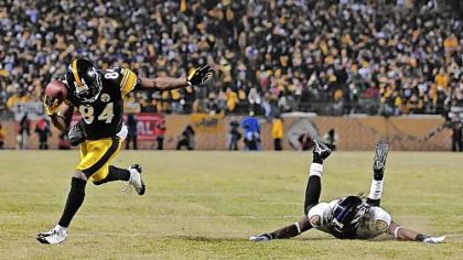 Steelers wide receiver Antonio Brown makes a 58-yard catch for a first down against the Ravens in the fourth quarter. PG slideshow: Steelers vs. Ravens