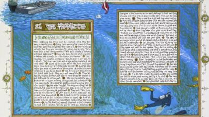 "The Word of God: Sandow
Birk's American Quran" juxtaposes with its English translation and supporting artwork.