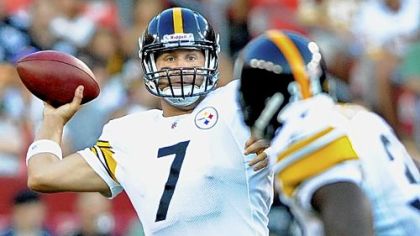 Ben Roethlisberger rests during special teams drills at training camp Sunday. Roethlisberger wore the jersey number of former teammate Max Starks, who was released last week.