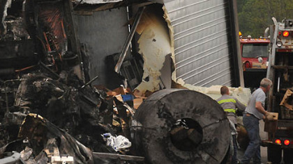 The cleanup continues at the Pennsylvania Welcome Center in Donegal, Washington County. Two people were killed in the crash along Interstate 70 that involved several tractor-trailers.