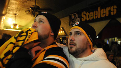 Cousins Tom Falana, left, of Wethersfield, Conn., and Jay Sirois, of Chicago, rooted for the Steelers at Folino's, on the South Side.