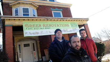 From left, Luke McChesney, owner of McChesney Painting & Restoration; Michael Merck, president of West Penn Energy Solutions, and Nathan Cunningham, director of Real Estate Development of East Liberty, renovate old houses in East Liberty.