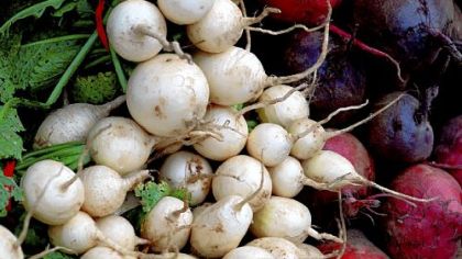 White Hakurei turnips and beets are for sale.