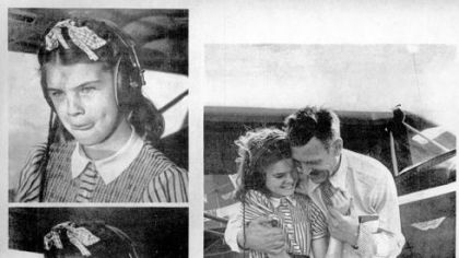 This page is from a 1952 Life magazine article about Betty Bennett, who became the youngest person to fly an airplane solo in 1952 at age 10. Her father, Al Bennett Sr., was an airplane salesman and flight instructor. Her brother, Al Bennett Jr., also flew solo, at age 11.