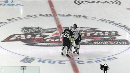 Penguins goaltender Marc-Andre Fleury and defenseman Kris Letang warm up prior to last night's skills competition part at the RBC Center  in Raleigh, North Carolina.