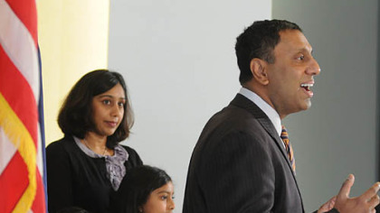 Mt. Lebanon Commissioner D. Raja was accompanied by his family, from left, Dr. Neeta and daughters Omisa and Isana in announcing his candidacy for Allegheny County executive.