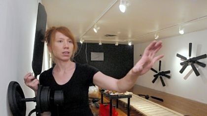 Thea Augustina Eck assembling "April 24," a mixed media installation incorporating narrated video drawing upon Sir Ernest Shackleton's Antarctic expedition.