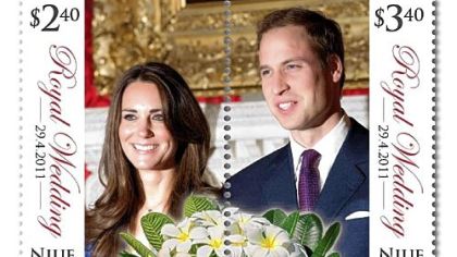 A pair of stamps issued by the Pacific nation of Niue in March, 2011 with the image of Britain's Prince William and his fiancee Kate Middleton.