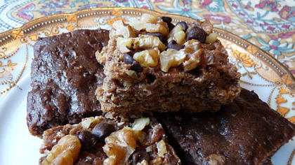 Carob Bars topped with walnuts and carob chips and Carob Oatmeal Snack Cake.