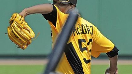 Likely  No. 3 Pirates starter James McDonald delivers against the Toronto Blue Jays at McKechnie Field Sunday in Bradenton, Fla.