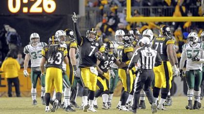 Steelers Ben Roethlisberger celebrates on the last play of the game as his team beats the Jets in the AFC Championship at Heinz Field.