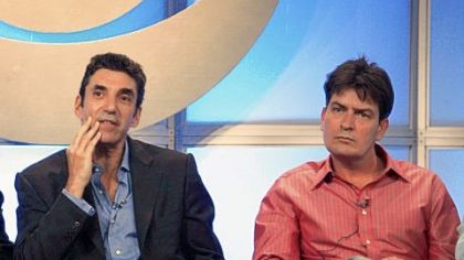 Charlie Sheen, shown here at right in 2005, had some unkind words on Thursday for Chuck Lorre, executive producer of "Two and a Half Men." Warner Bros. and CBS have since announced production of the show has been discontinued for the remainder of the season.