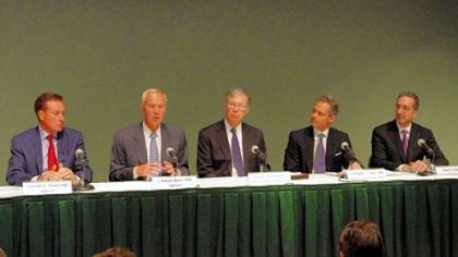 Officials from Highmark and West Penn Allegheny Health System, from left, Kenneth Melani, president and CEO of Highmark; J. Robert Baum, Highmark; David L. McClenahan, board chairman, WPAHS; Christopher Olivia, who is stepping down from his post as WPAHS CEO; and Anthony Farah, chief medical officer, WPAHS.