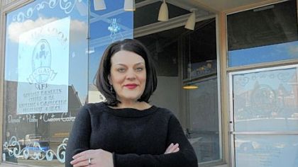 Kelly James, former pastry chef at The Sonoma Grill, Downtown, in front of the cafe and bakery she plans to open in Dormont.