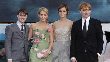 Author J.K. Rowling, second left, joins actors Daniel Radcliffe, Emma Watson and Rupert Grint July 7 in London's Trafalgar Square for the world premiere of "Harry Potter and the Deathly Hallows, Part 2" the last film in the series.