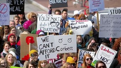 Hundreds of students from across the state rally against Gov. Tom Corbett's proposed budget cuts for higher education at the Capitol in Harrisburg.
