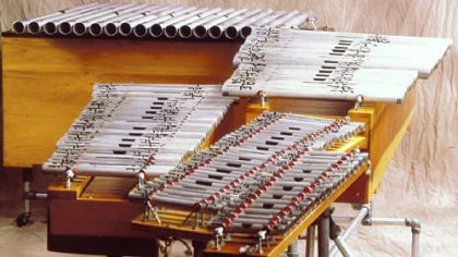 The Zoomoozophone, an instrument created by Dean Drummond inspired by composer Harry Partch (but not one of Partch's original instruments) for his group, NewBand.