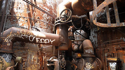 Inside the abandoned Carrie Furnaces, spray-painted "artworks" mix with remnants of the Industrial Age.