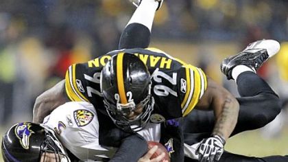 Steelers linebacker James Harrison sacks Baltimore Ravens quarterback Joe Flacco during the second half of an NFL divisional playoff game Jan. 15 at Heinz Field.