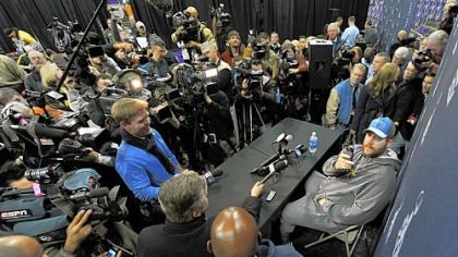 Ben Roethisberger is slammed with questions during the second day of player interviews before the Super Bowl.