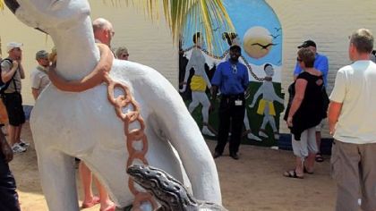 A sculpture commemorates the slave trade outside the "slave museum" in Juffure, The Gambia.