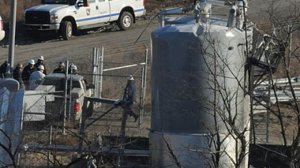 Damage is visible Tuesday morning at a MarkWest Liberty Midstream Resources LLC compressor station at a Marcellus well site in Mount Pleasant, Washington County.