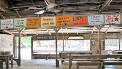 The interior of Gruene Hall in New Braunfels, Texas, looking out to the beer garden.