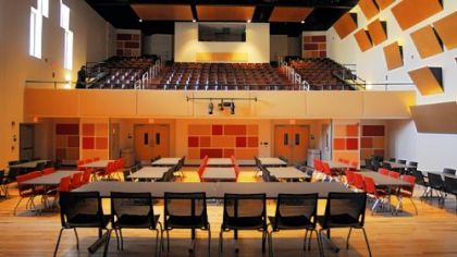 Looking out from the stage at the new Elsie H. Hillman Auditorium at the Kaufmann Center.