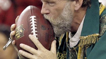John O'Neill (also known as "St. Vince") poses with fans prior to a Green Bay Packers game against the Indianapolis Colts on Oct. 19, 2008, at Lambeau Field in Green Bay, Wis.