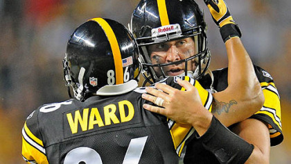 Steelers quarterback Ben Roethlisberger celebrates after throwing touchdown pass to Hines Ward against the Eagles.