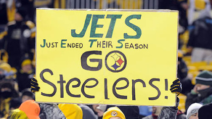 A Steelers fan shows his support with a message for the New York Jets.