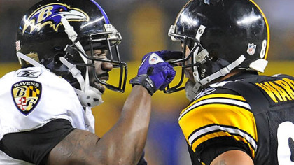 The Ravens' Ed Reed and Steelers' Hines Ward have words during an AFC Divisional playoff game at Heinz Field in January. The two teams will open their respective 2011 seasons facing each other on Sept. 11 in Baltimore.