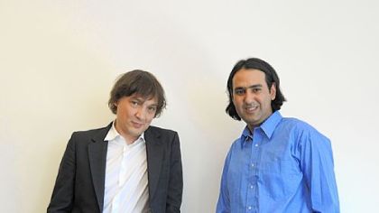 Ivan Poupyrev, left, a senior research scientist, and Ali Israr, a postdoctoral associate with the Disney Research Lab, with their newest prototype for Surround Haptics at their office at Carnegie Mellon University.