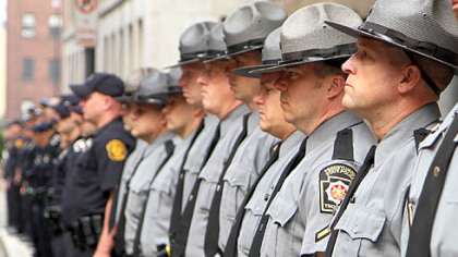 Law enforcement officers from around the region were on hand for the start of Richard Poplawski's trial.
