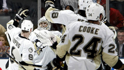 The Penguins celebrate a shootout win against the Maple Leafs following Saturday's game at Air Canada Centre in Toronto.