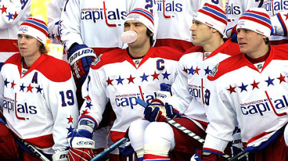 Capitals captain Alex Ovechkin makes use of his bubble gum Friday during a team photo at Heinz Field.