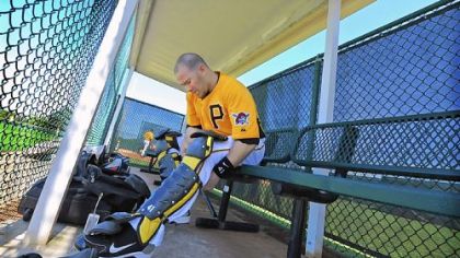 Ryan Doumit suits up during the first day of practice for the 2011 baseball season.