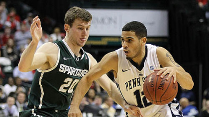 Penn State's Talor Battle drives against Michigan State's Mike Kebler during the semifinals of the Big Ten Men's Tournament at Conseco Fieldhouse in Indianapolis Saturday.