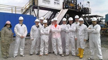 Bobby Guffey (fourth from right) starts his first day of CCAC's Roustabout Training Program with classmates and instructors at a Chesapeake Energy drilling site in Brooke County, W.Va.