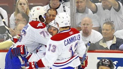 Montreal celebrates its fifth goal in Game 7 against the Penguins in a 5-2 victory May 12, 2010, at Mellon Arena. The Penguins have yet to win a playoff series at home under coach Dan Bylsma.