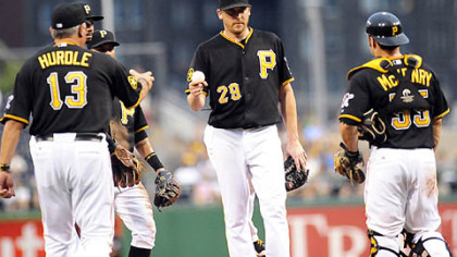 Pirates pitcher Kevin Correia hands the ball to manager Clint Hurdle in the third innning of Tuesday's game at PNC Park. Catcher Mike McKendry joined them at the mound.