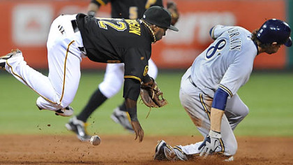 Third baseman Josh Harrison can't handle a throw in the dirt as Milwaukee's Ryan Braun slides into second with a stolen base.