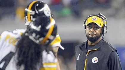 Mike Tomlin looks to his team after a holding call in the third quarter of Super Bowl XLV.