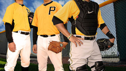 From left, Stetson Allie, Jameson Taillon and Tony Sanchez at Pirate City.