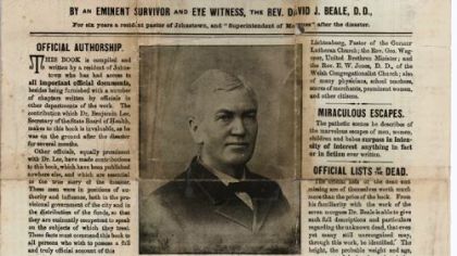 Flyer for the book on the Johnstown Flood by The. Rev. David Beale