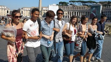 Members of the Pittsburgh Youth Symphony Orchestra tour group enjoying the sights at St. Peter's Square in Rome.