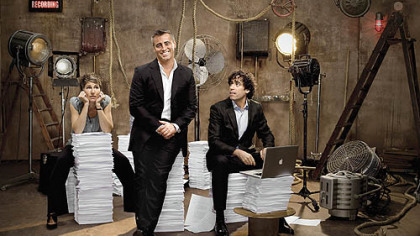 Tamsin Grieg as Beverly Lincoln, Matt LeBlanc as himself, and Stephen Mangan as Sean Lincoln in "Episodes."