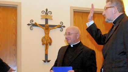 The Rev. William Waltersheid, left, and Bishop David Zubik arrive at the Catholic Diocese of Pittsburgh office Downtown. Father Waltersheid was named auxiliary bishop of Pittsburgh on Friday.