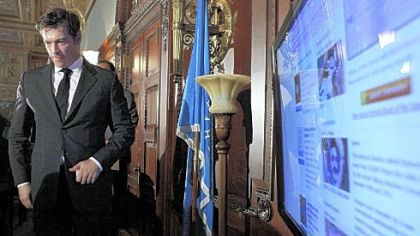 Harry Connick Jr. walks past a screen showing the "National Jukebox" at the Library of Congress in Washington last Tuesday  during a ceremony to introduce the new website, which offers free more than 10,000 historic sound recordings.