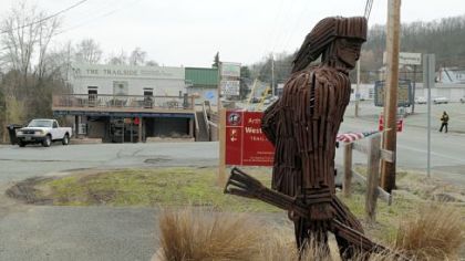 The Trailside restaurant is at 108 W. Main St. in West Newton. This sculpture, made out of old railroad spikes, is a tribute to an anonymous frontiersman."